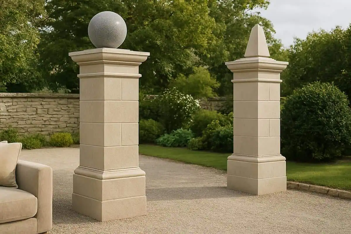 Piliers de portail en pierre naturelle reconstituée calcaire granit chapeaux décoratifs boules granit obélisques lanternes japonaises entrée jardin