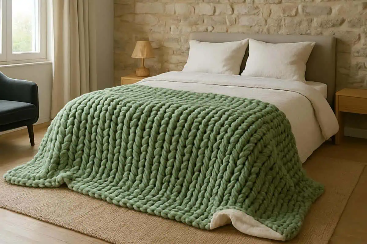 plaid tricoté oversize grosse maille vert amande cocooning pour chambre verte et bois