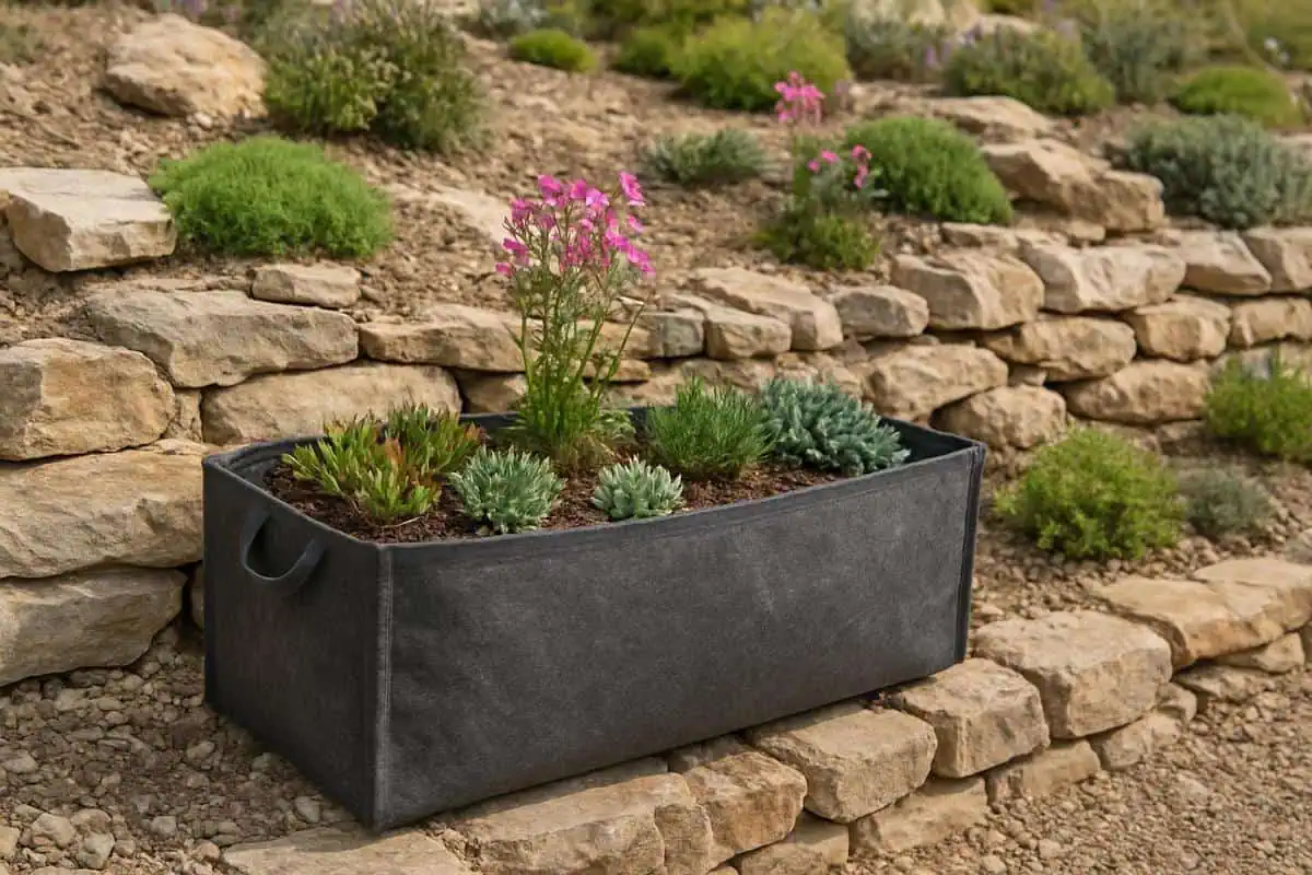Rocaille alpine avec murets fleuris en pierre naturelle et plantes succulentes pour aménagement paysager