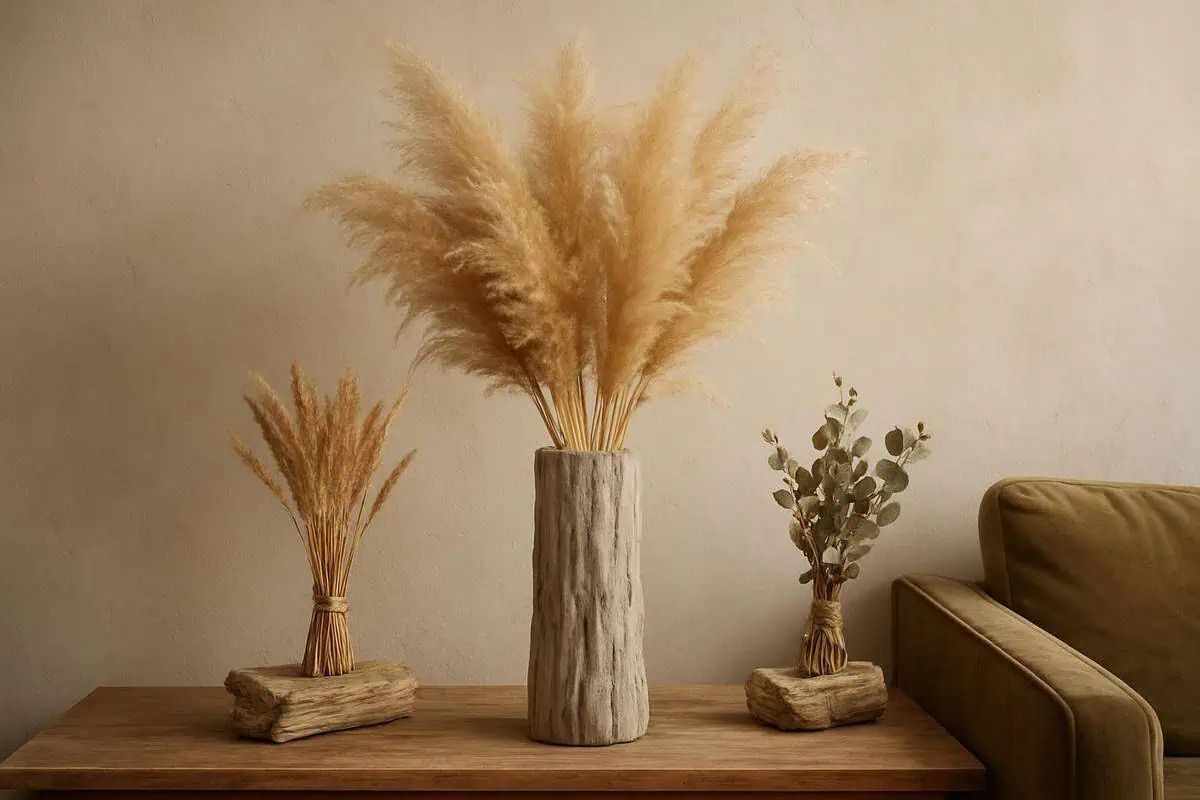 Sculptures florales avec bois flotté, fleurs séchées et graminées pampa pour composition durable sans entretien