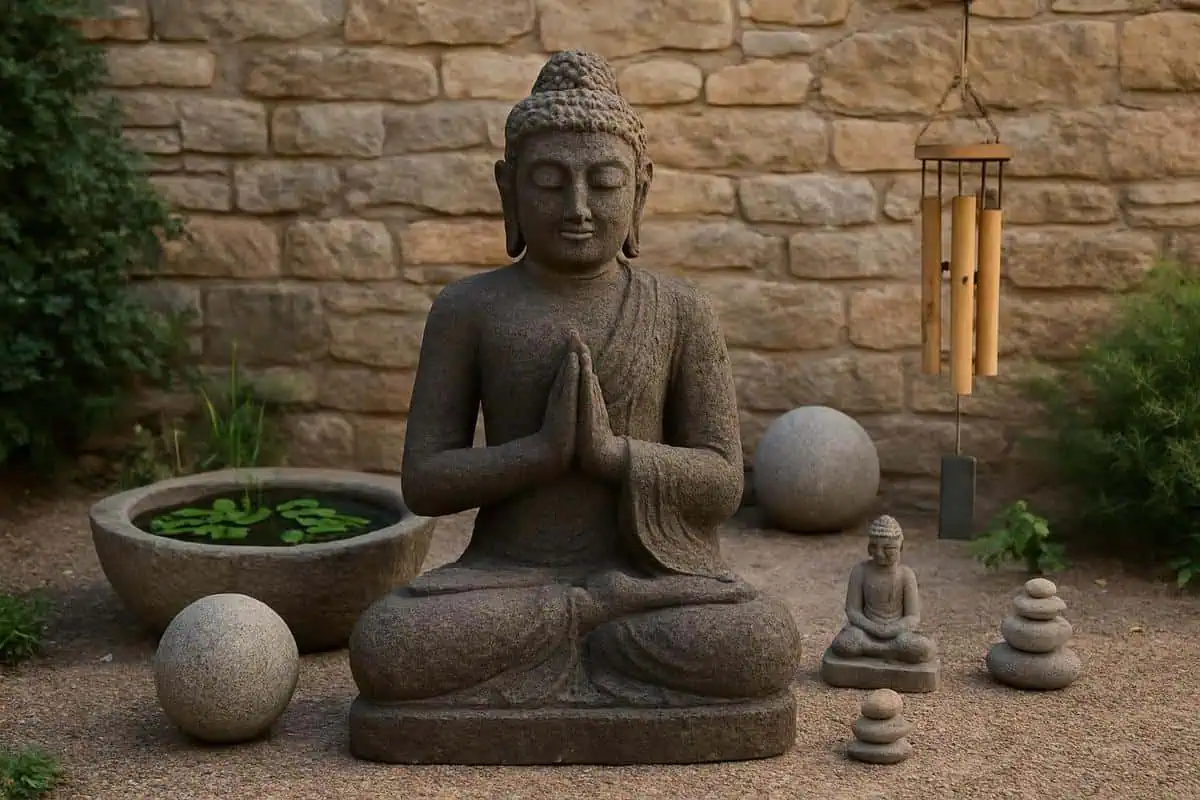 Statue Bouddha 40cm en pierre volcanique patinee avec spheres granit decoratives pour accessoires deco jardin zen authentique