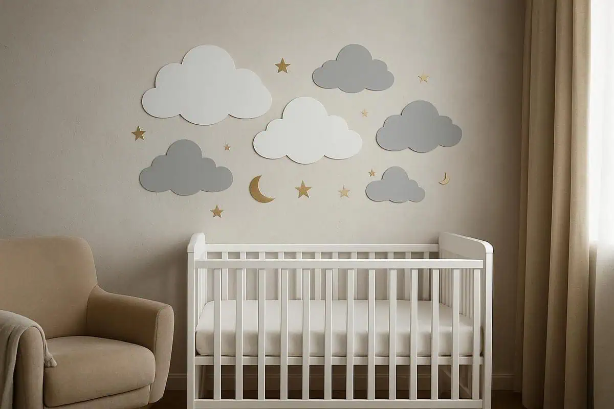 Stickers muraux nuages blancs gris astres dores etoiles lunes vinyle chambre bebe fille garcon