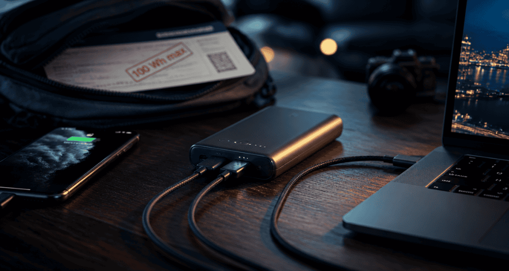 batterie externe comparatif sur table avant voyage avion