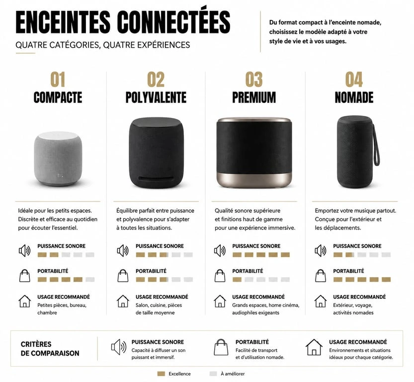 Infographie comparative des différents types d'enceintes connectées pour choisir le modèle adapté à ses besoins