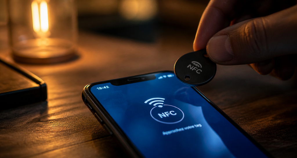 nfc iphone tag posé sur table