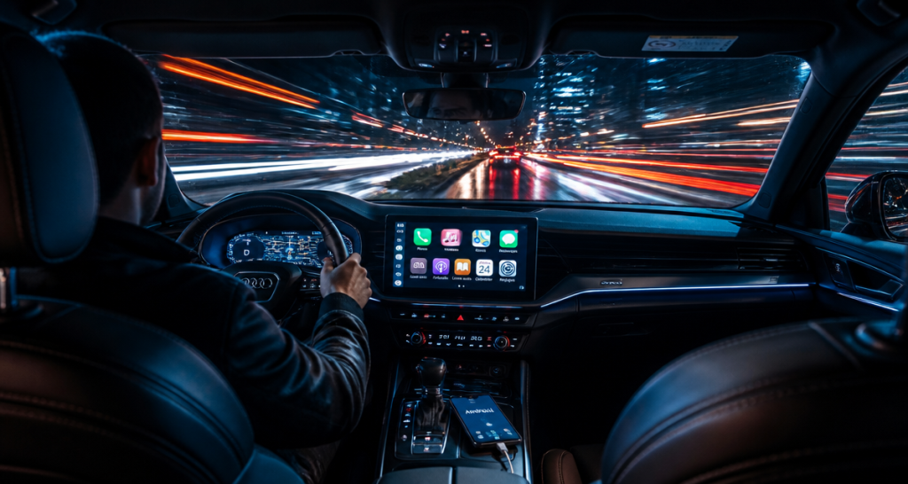 apple carplay android sur écran voiture de nuit