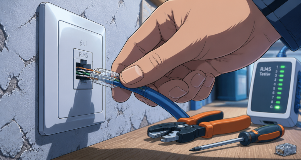 branchement rj45 câble inséré prise murale