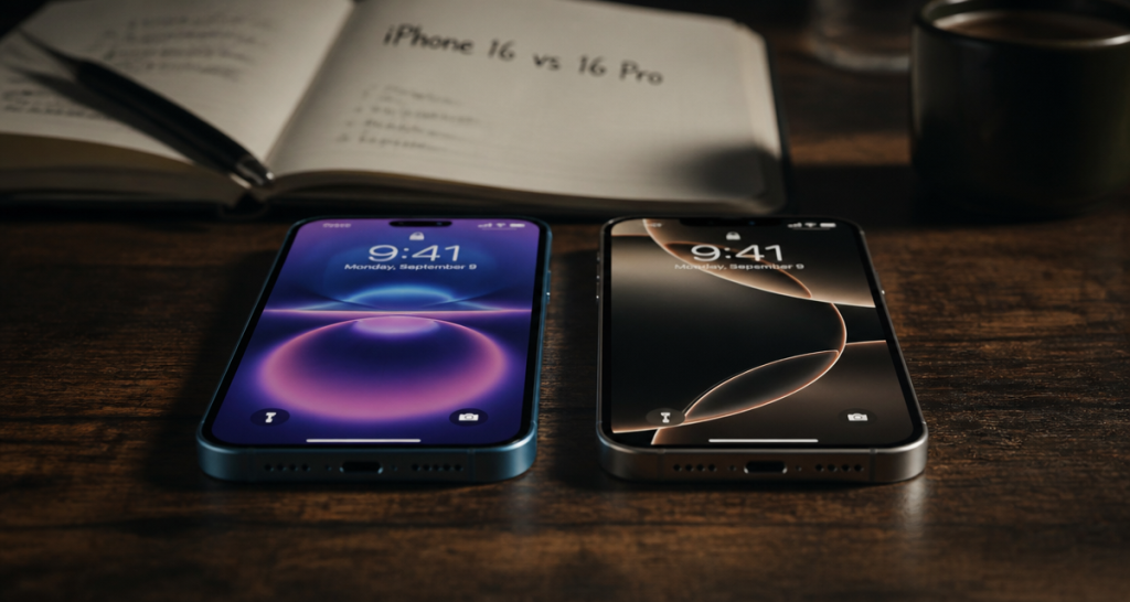 iphone 16 vs 16 pro posés côte à côte sur table