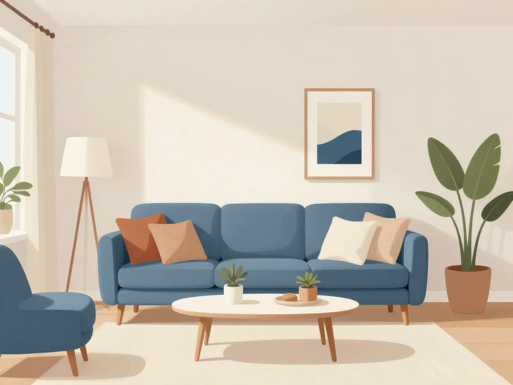 Déco salon canapé bleu, illustration ambiance du salon