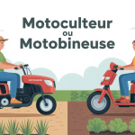 différence entre motoculteur et motobineuse, illustration vectorielle dans un jardin potager