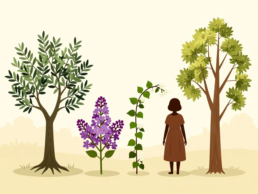 Silhouettes des genres clés de la oleaceae family sur fond de jardin