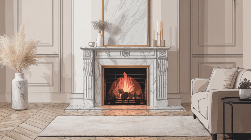 Illustration d'une cheminée en marbre moderne, peinture sur marbre cheminée