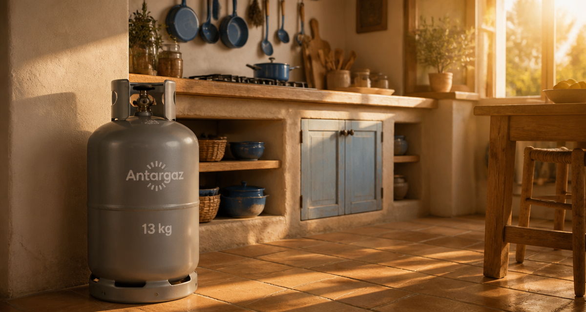 bouteille de gaz gris 13 kg dans cuisine