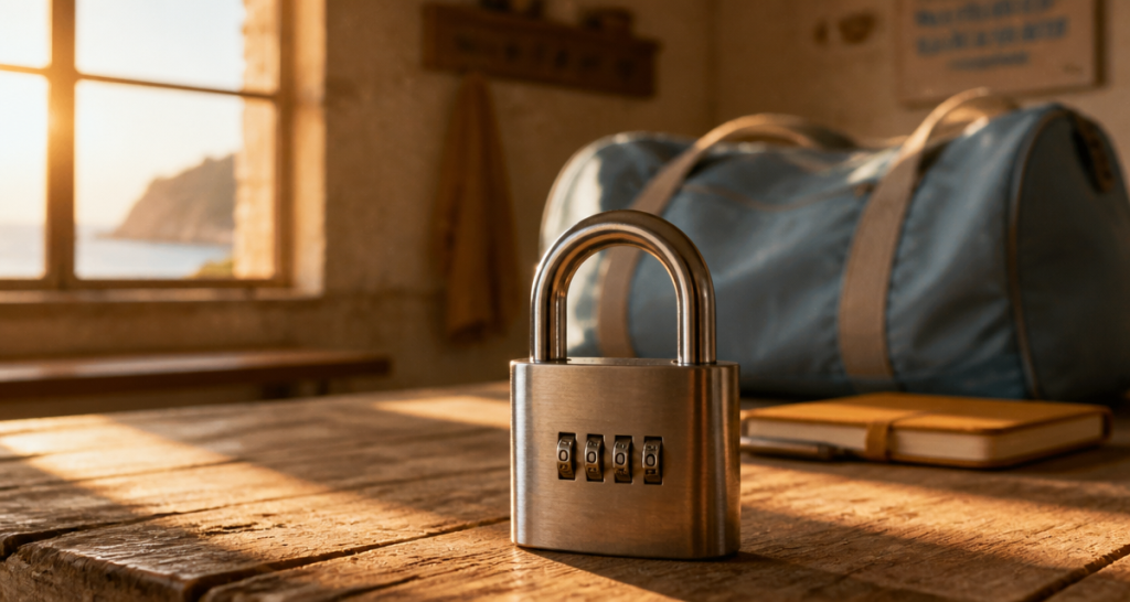 code cadenas sur table bois lumière dorée