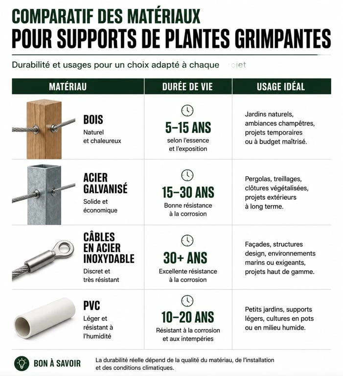 Comparatif des matériaux pour support plante grimpante : bois, acier galvanisé, inox et PVC.