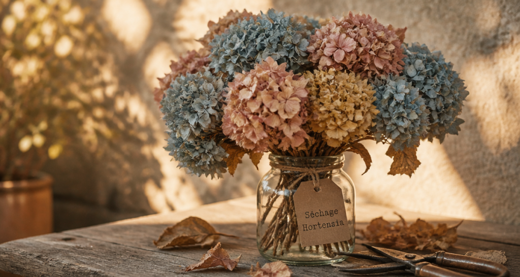 hortensia comment les faire secher bouquet séché sur table bois