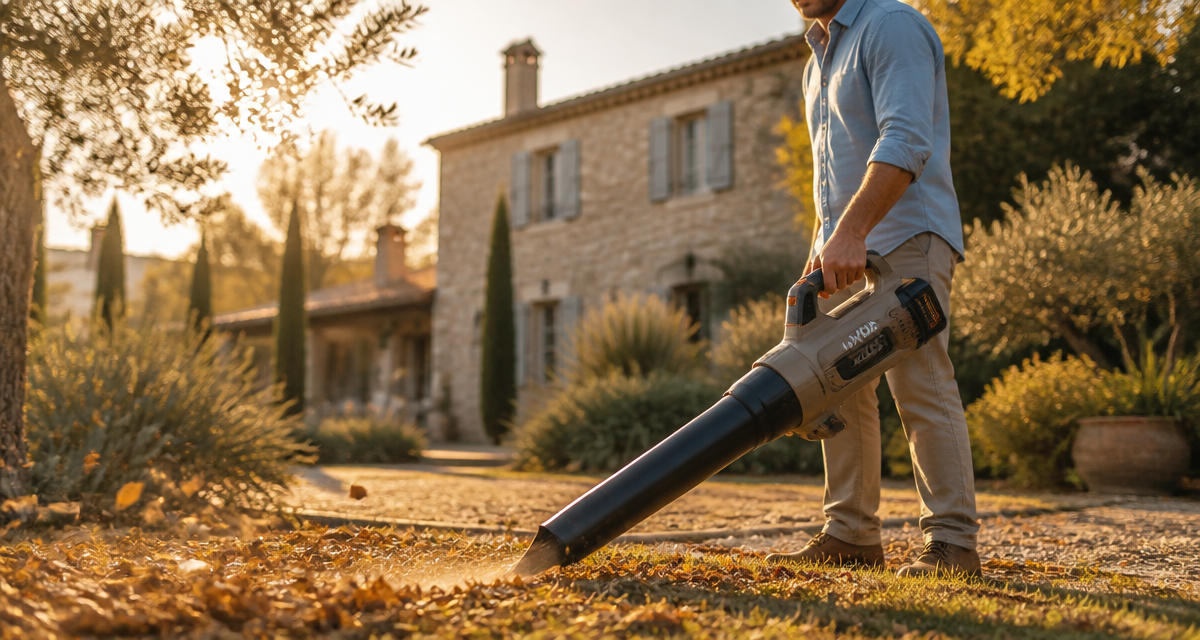 meilleur souffleur sur batterie en action dans un jardin