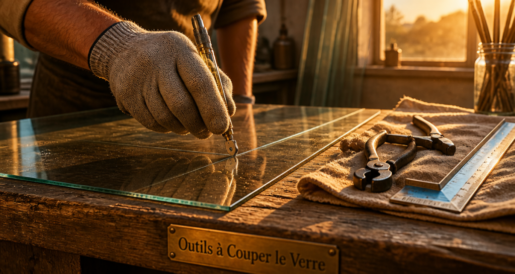 outil à couper le verre sur établi en bois