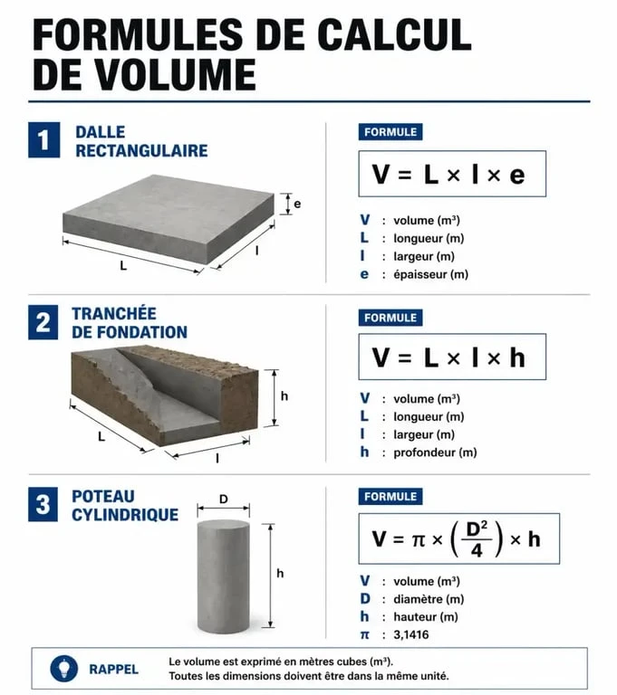 Infographie illustrant les formules de calcul de volume de béton en m3 pour différents types d'ouvrages