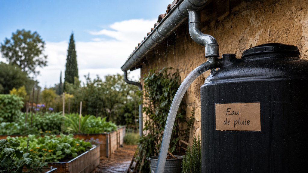 Récupérer l’eau de pluie au jardin : récupérateur d’eau et tuyau vers la cuve