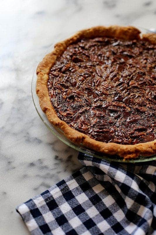bourbon pecan pie with dark chocolate