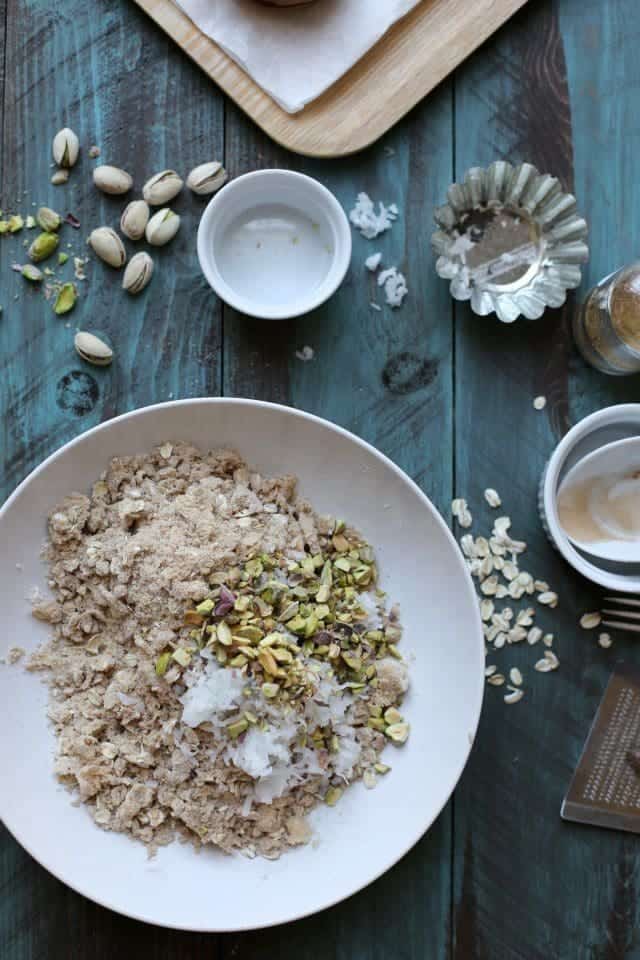 Oat and Pistachio Crumble Topped Baked Sweet Potatoes