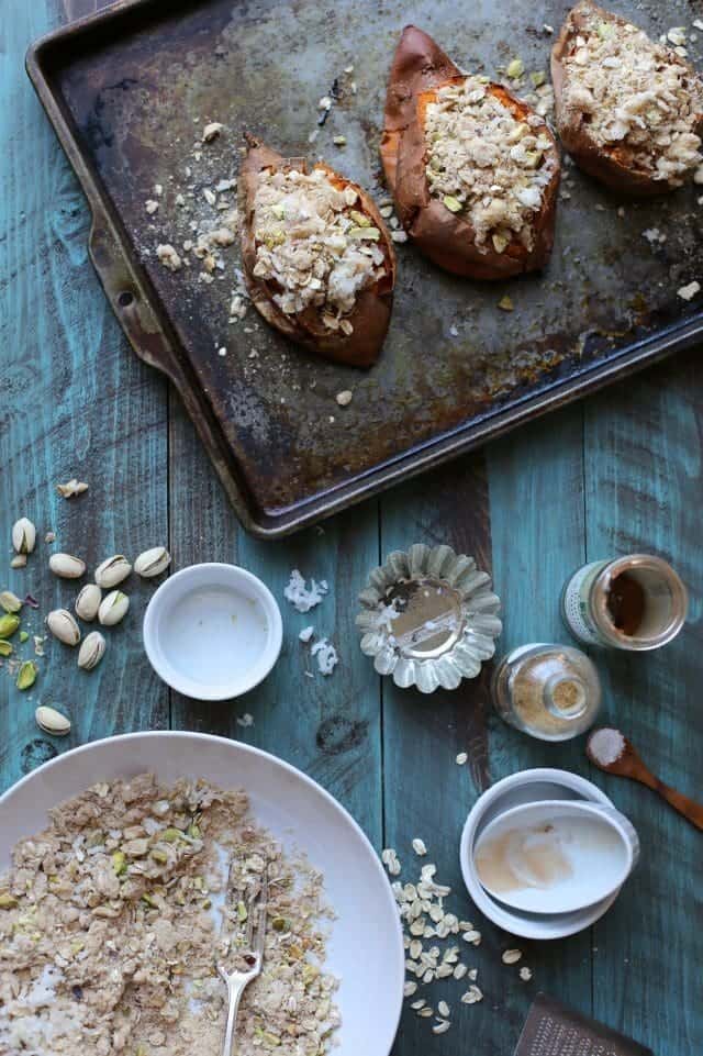 Oat and Pistachio Crumble Topped Baked Sweet Potatoes