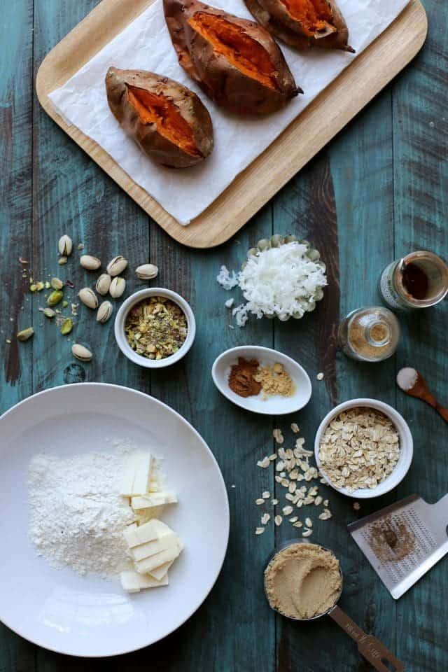 Oat and Pistachio Crumble Topped Baked Sweet Potatoes