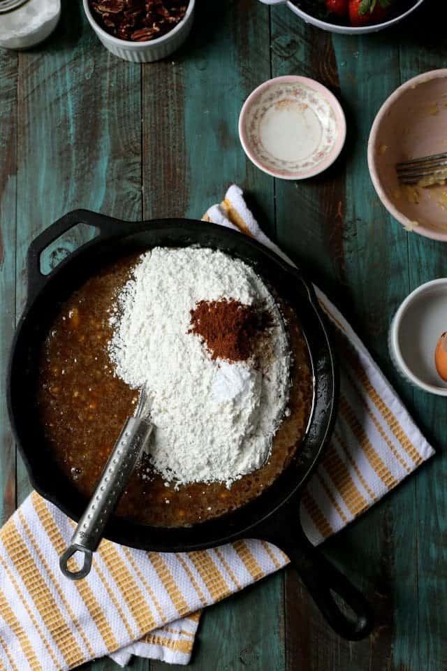 Brown Butter Banana Skillet Cake with Strawberries and Pecans