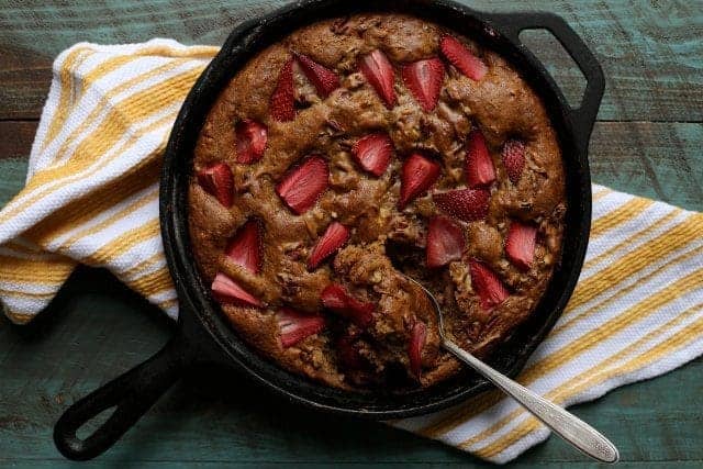 Brown Butter Banana Skillet Cake with Strawberries and Pecans