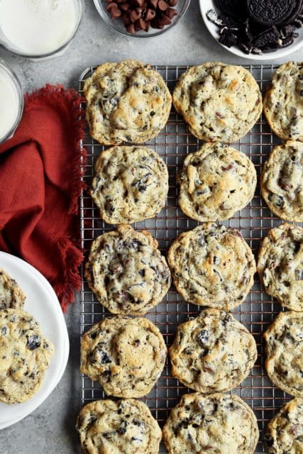 Baked Cookies and Cream Chocolate Chip Cookies on a cooling rack