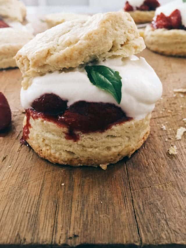 Roasted Strawberry Shortcakes with Basil Cream