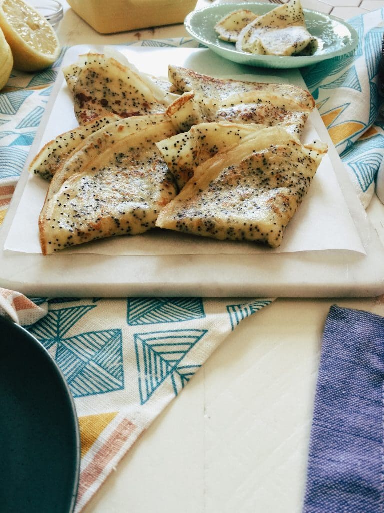 Lemon Poppy Seed Crepes with Blueberry Curd