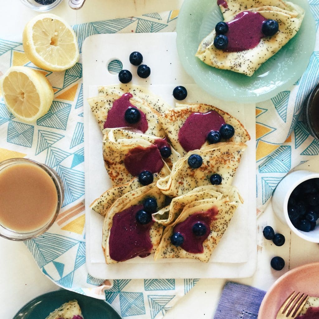 Lemon Poppy Seed Crepes with Blueberry Curd