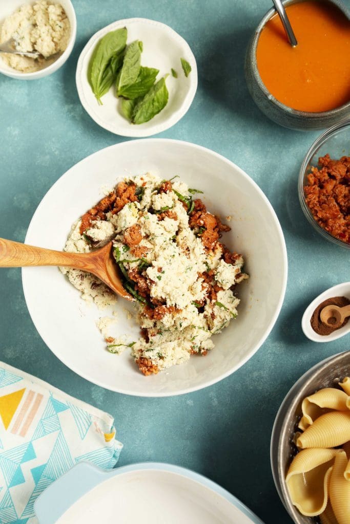 Cauliflower Stuffed Shells with Butternut Squash Sauce