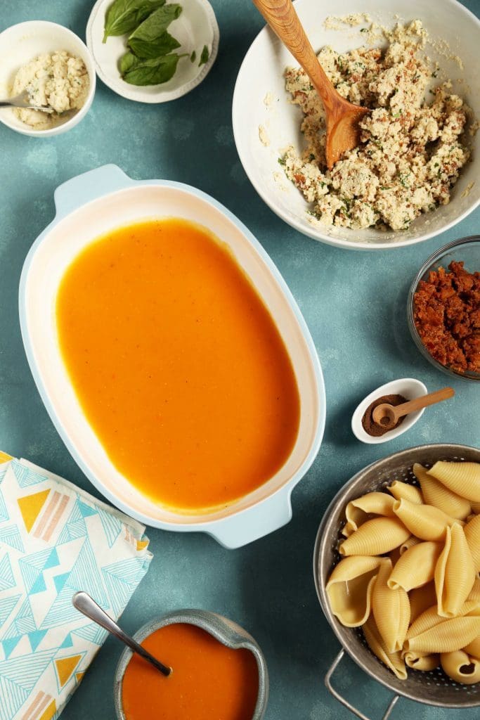 Cauliflower Stuffed Shells with Butternut Squash Sauce