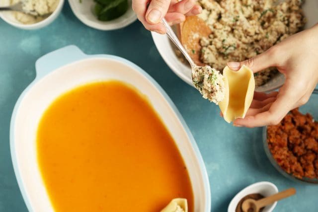 Cauliflower Stuffed Shells with Butternut Squash Sauce