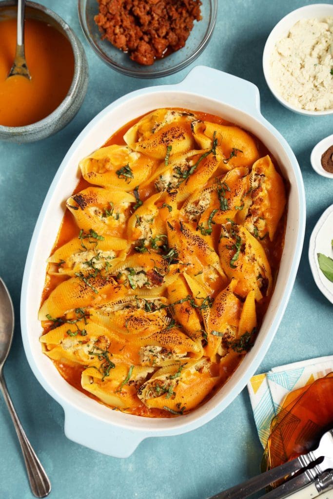 Cauliflower Stuffed Shells with Butternut Squash Sauce