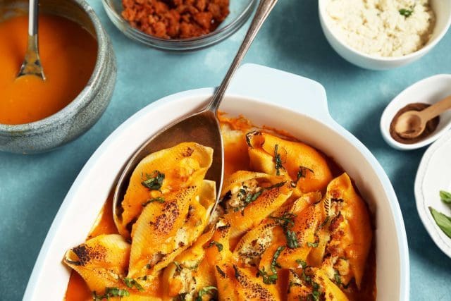 Cauliflower Stuffed Shells with Butternut Squash Sauce