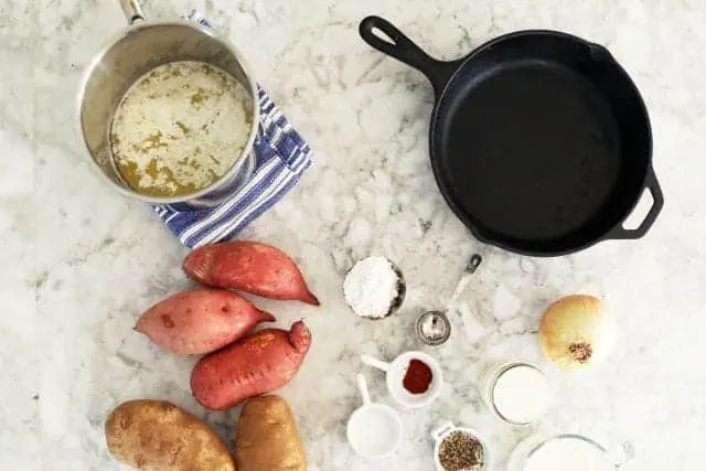 Layered Sweet and Savory Mashed Potatoes with Fried Onions