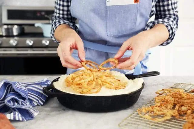 Layered Sweet and Savory Mashed Potatoes with Fried Onions