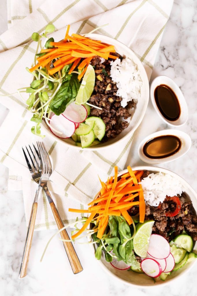Bowl of Food: Thai Beef with fresh vegetables