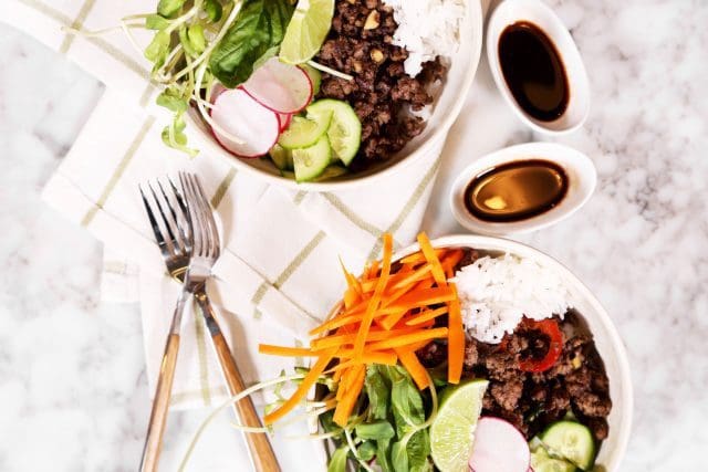 Bowl of Food: Thai Beef with fresh vegetables