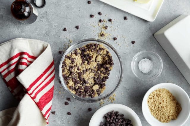 Small bowl with mini chocolate chips and brown sugar mixed together