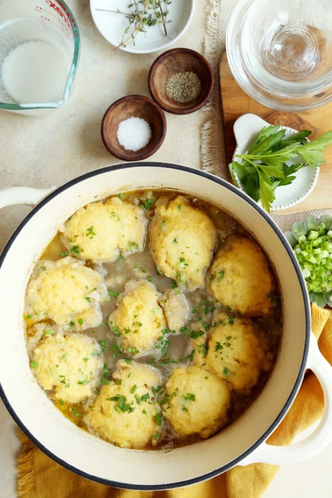 dumplings simmering in broth