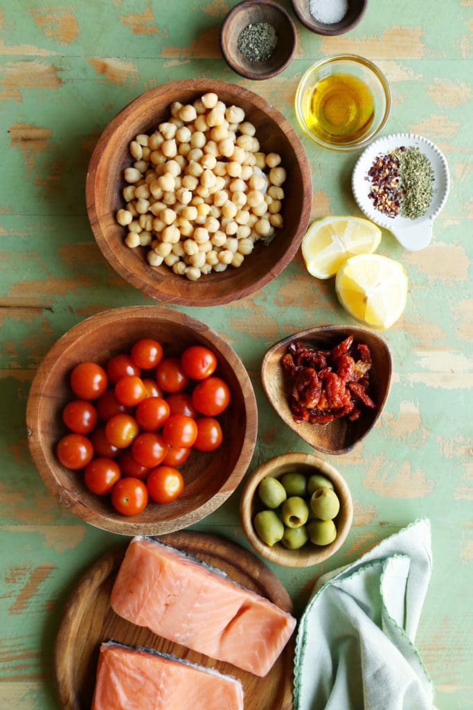 Overhead ingredients for foil baked salmon recipe.