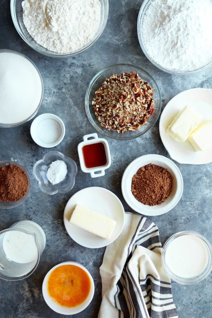 Ingredients for Texas Sheet Cake in small bowls.