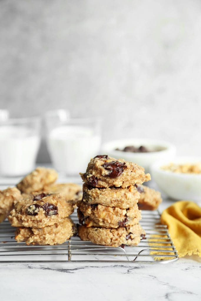 Stack of banana cookies on wire rack