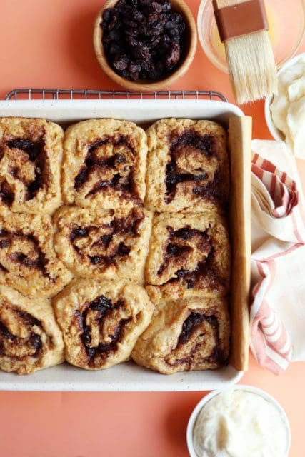 Just baked gluten free cinnamon rolls in the pan.