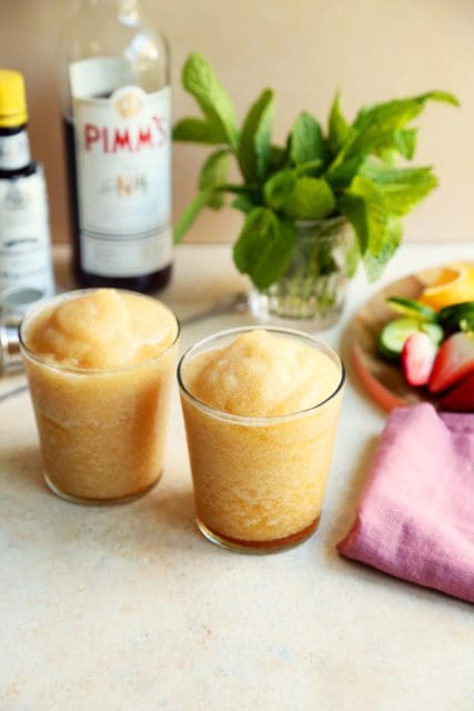 Blended Pimm's in two glasses ready for garnish.